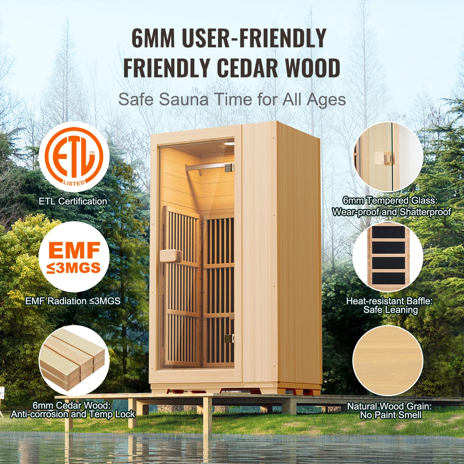Succebuy Far Infrared Wooden Sauna Room Home Sauna Spa for One Single Person Low EMF Far Infrared Hemlock Wood 1140W Indoor