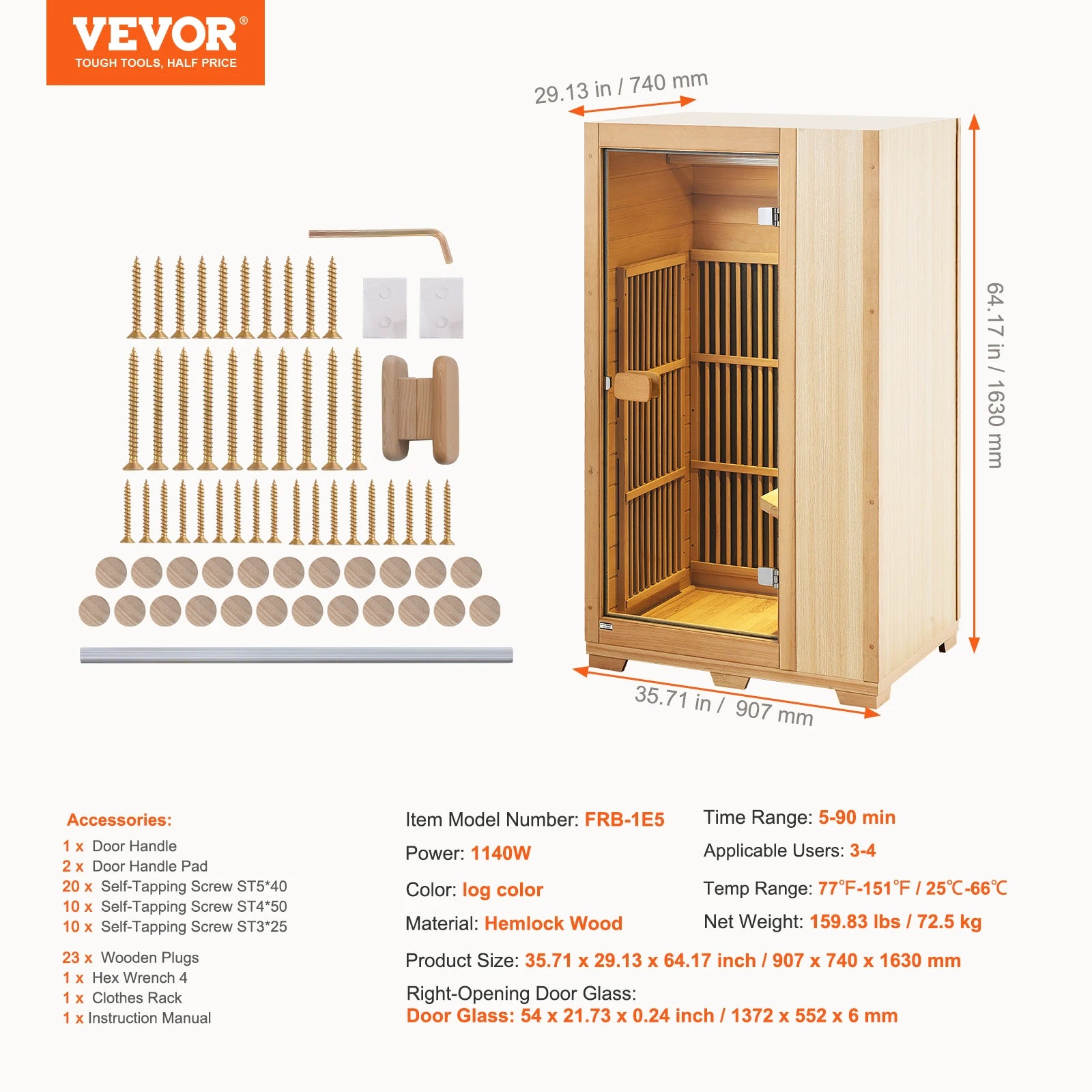 Succebuy Far Infrared Wooden Sauna Room Home Sauna Spa for One Single Person Low EMF Far Infrared Hemlock Wood 1140W Indoor