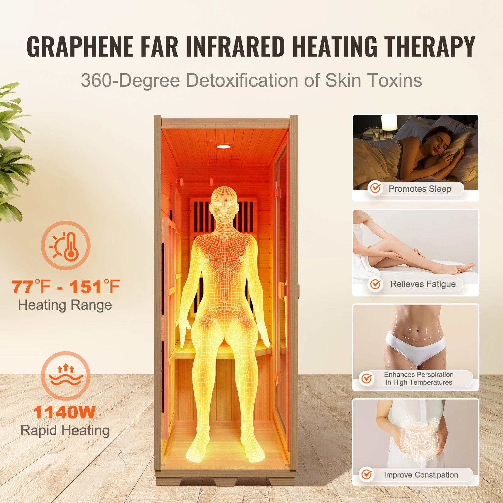 Succebuy Far Infrared Wooden Sauna Room Home Sauna Spa for One Single Person Low EMF Far Infrared Hemlock Wood 1140W Indoor