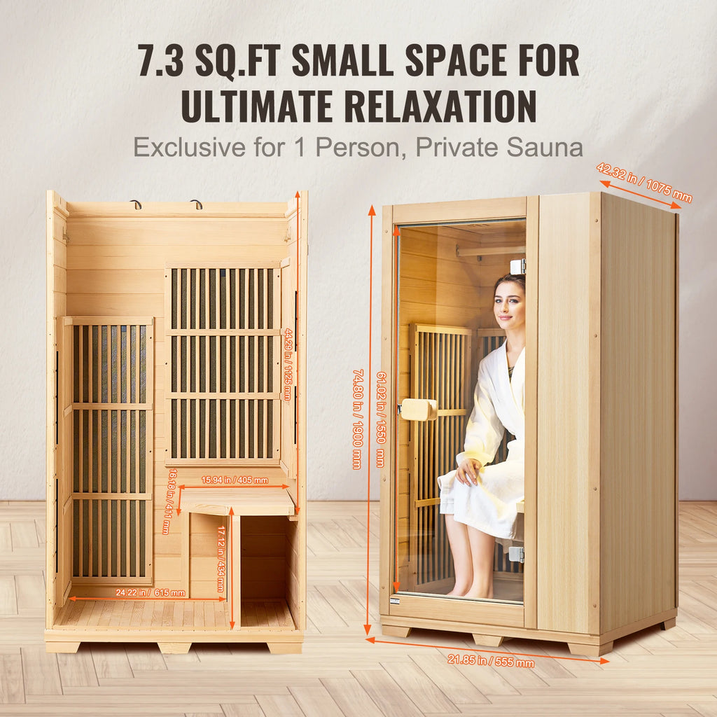 Succebuy Far Infrared Wooden Sauna Room Home Sauna Spa for One Single Person Low EMF Far Infrared Hemlock Wood 1140W Indoor