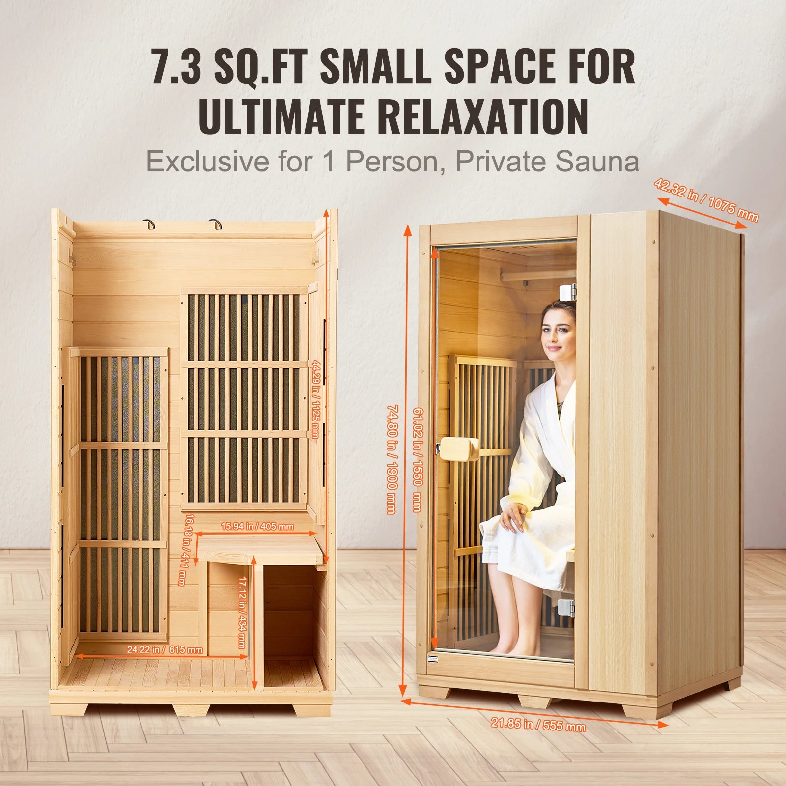 Succebuy Far Infrared Wooden Sauna Room Home Sauna Spa for One Single Person Low EMF Far Infrared Hemlock Wood 1140W Indoor
